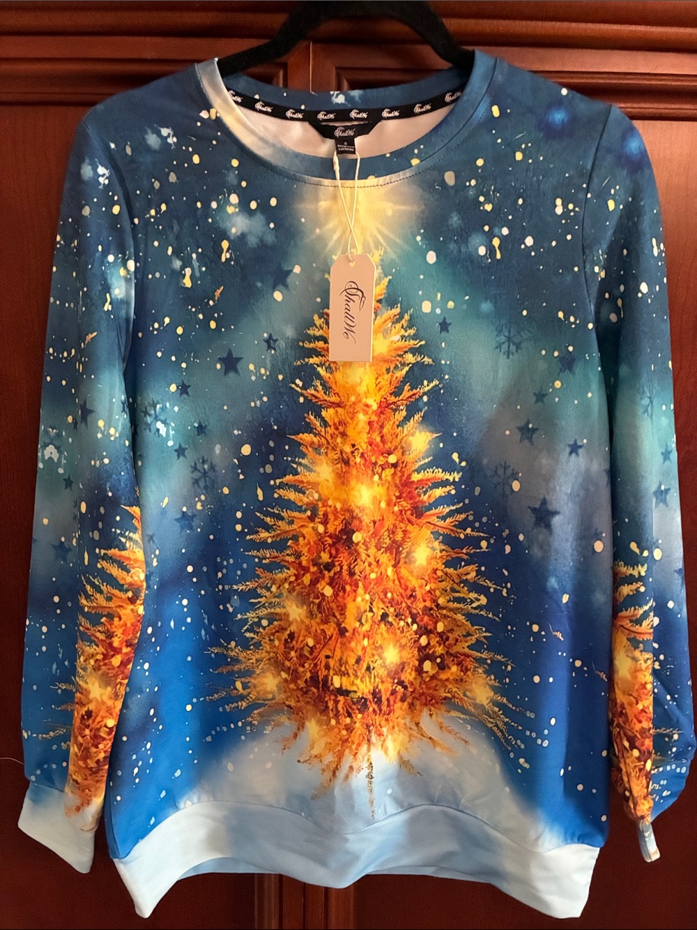 Festive Blue & Gold womens Christmas Tree Sweatshirt
